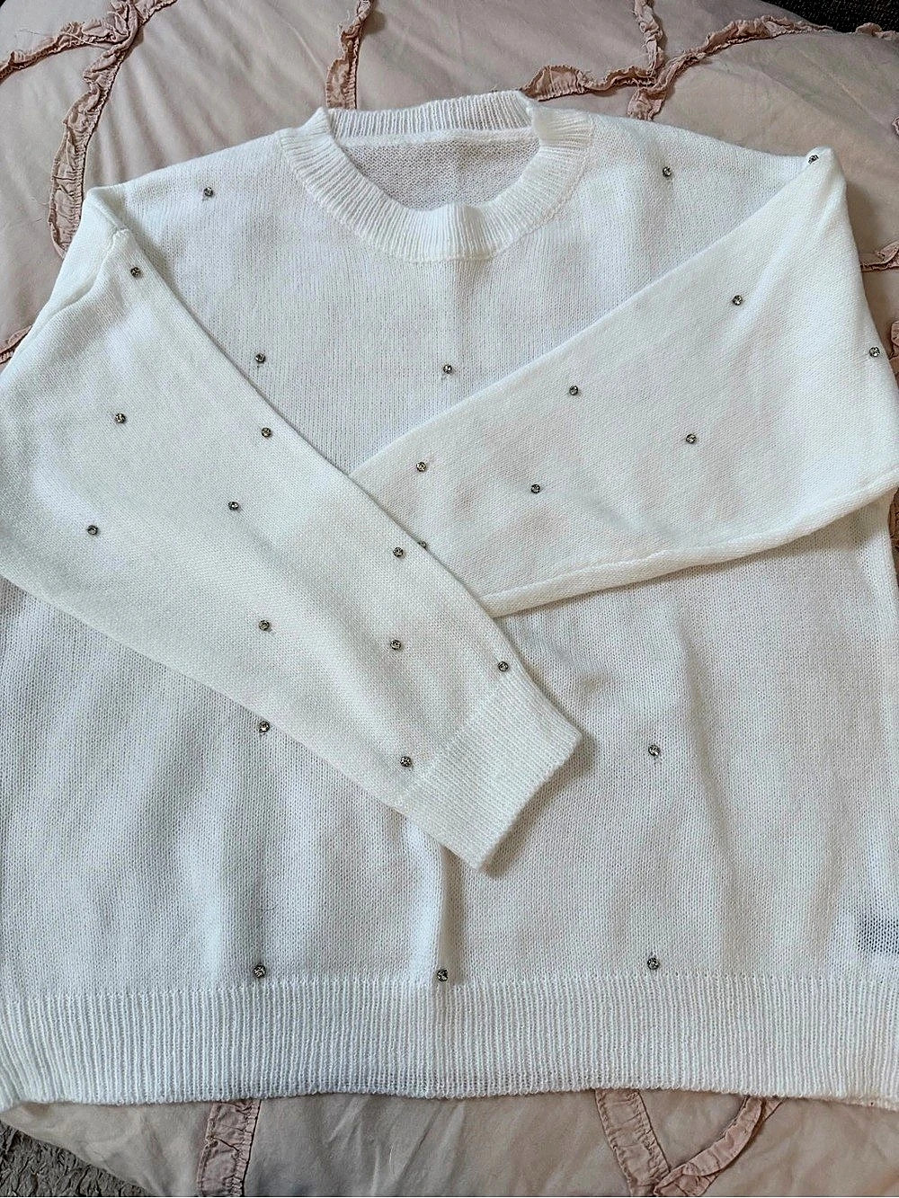 Embellished Crew Neck Sweater in White Like New